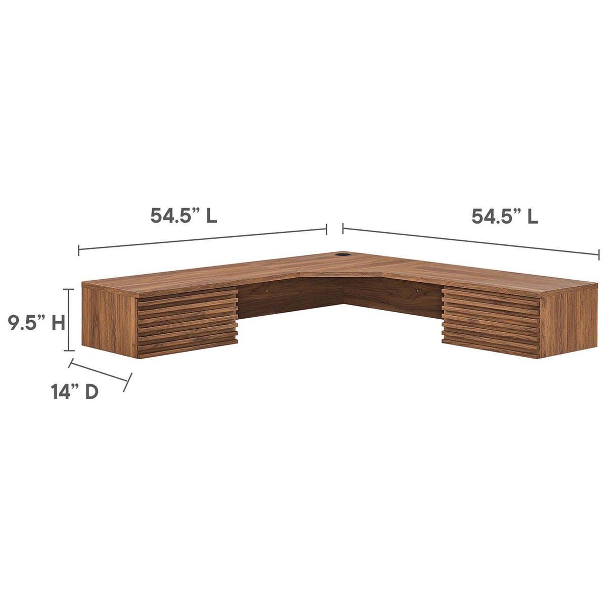 Corner desk measures 54.5 inches each side, 9.5 inches high, and 14 inches deep || EEI-6181-WAL || dimension_studio