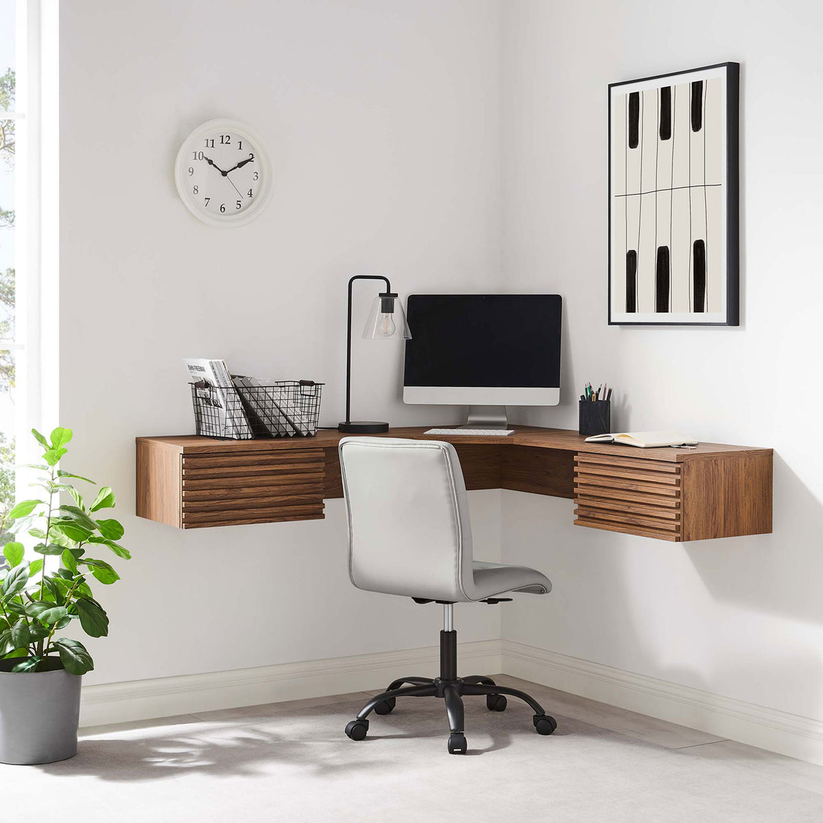 Space-saving corner workstation floats cleanly on the wall with slatted drawers and warm walnut finish || EEI-6181-WAL || front_angle_room