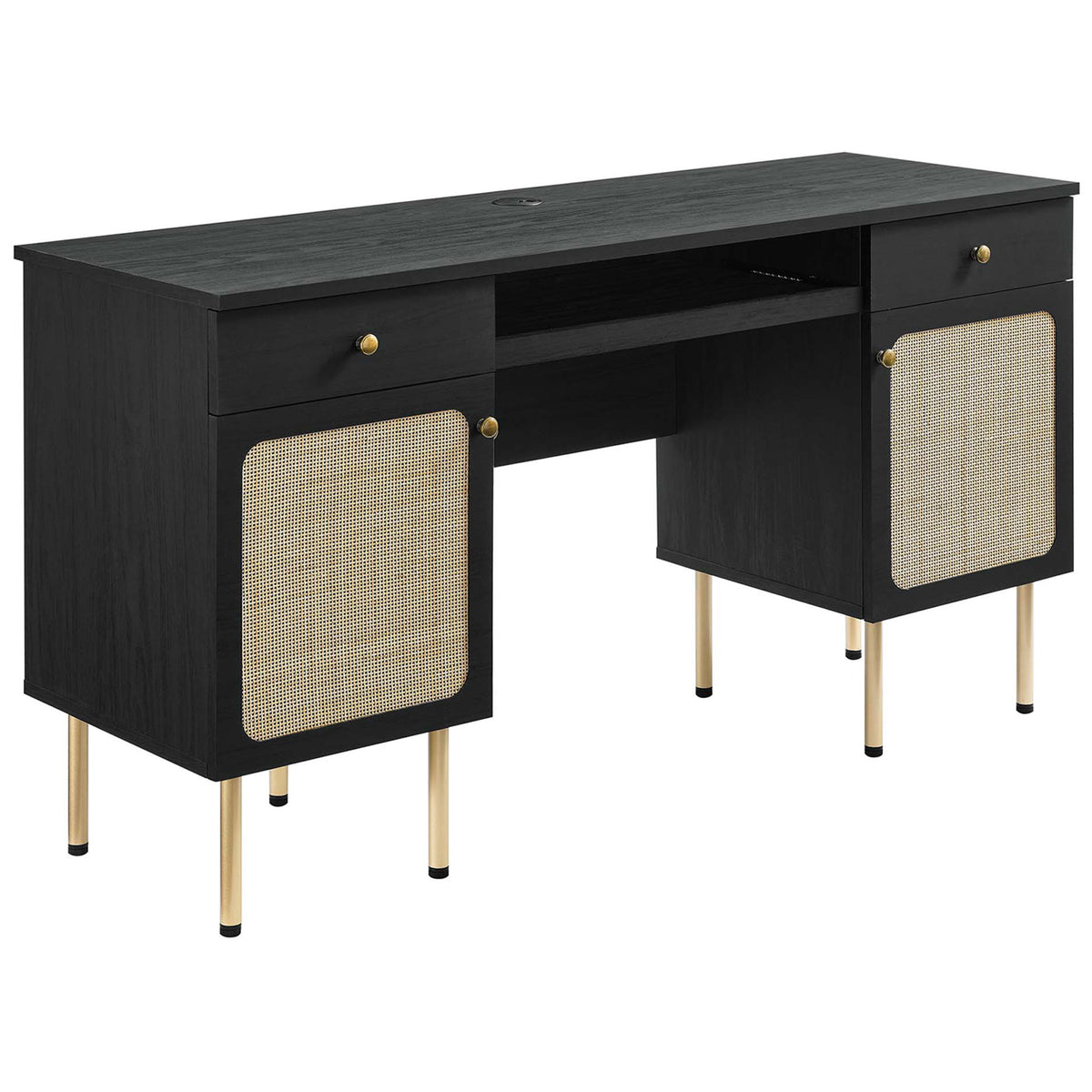 Black wood-grain desk with rattan doors, two drawers, pull-out keyboard tray, and gold legs || EEI-6199-BLK || front_angle_studio