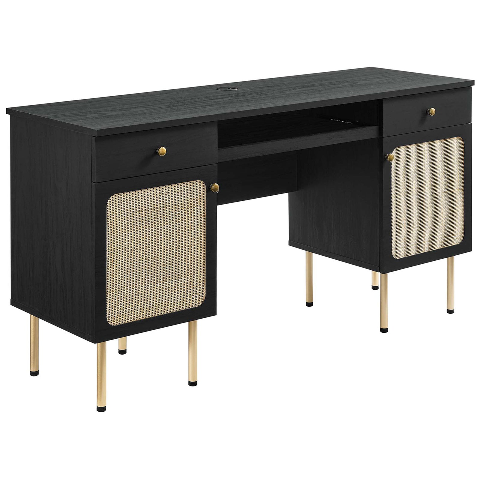 Black wood-grain desk with rattan doors, two drawers, pull-out keyboard tray, and gold legs || EEI-6199-BLK || front_angle_studio