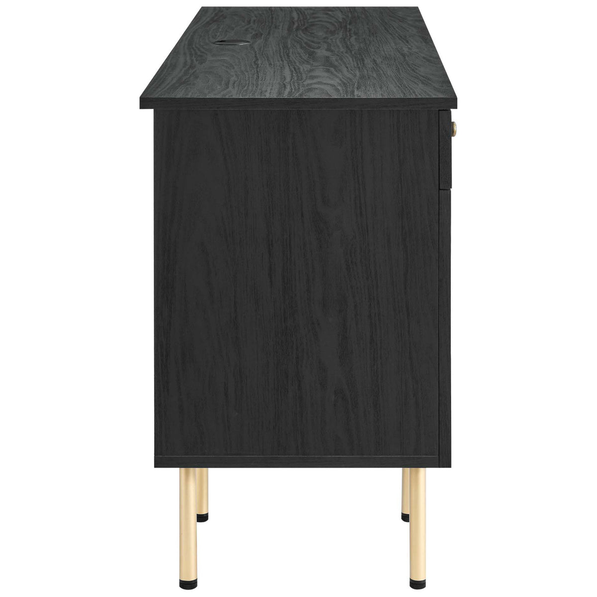Streamlined profile with wood-grain finish, gold legs, and non-marking foot pins || EEI-6199-BLK || side_studio