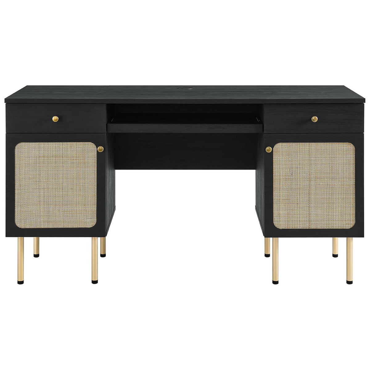 Spacious desktop with open shelf, dual drawers, and rattan doors in natural cane || EEI-6199-BLK || front_studio