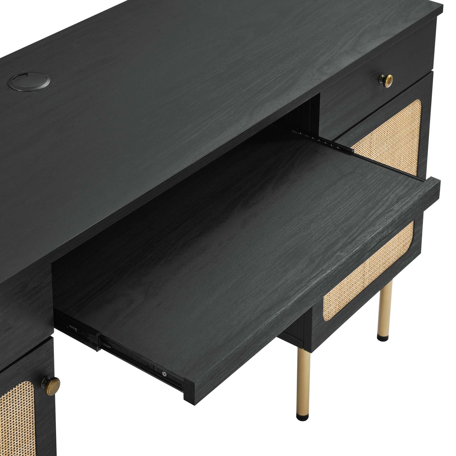 Pull-out keyboard tray with smooth glides and a desktop cable grommet for tidy wiring || EEI-6199-BLK || storage_open_studio