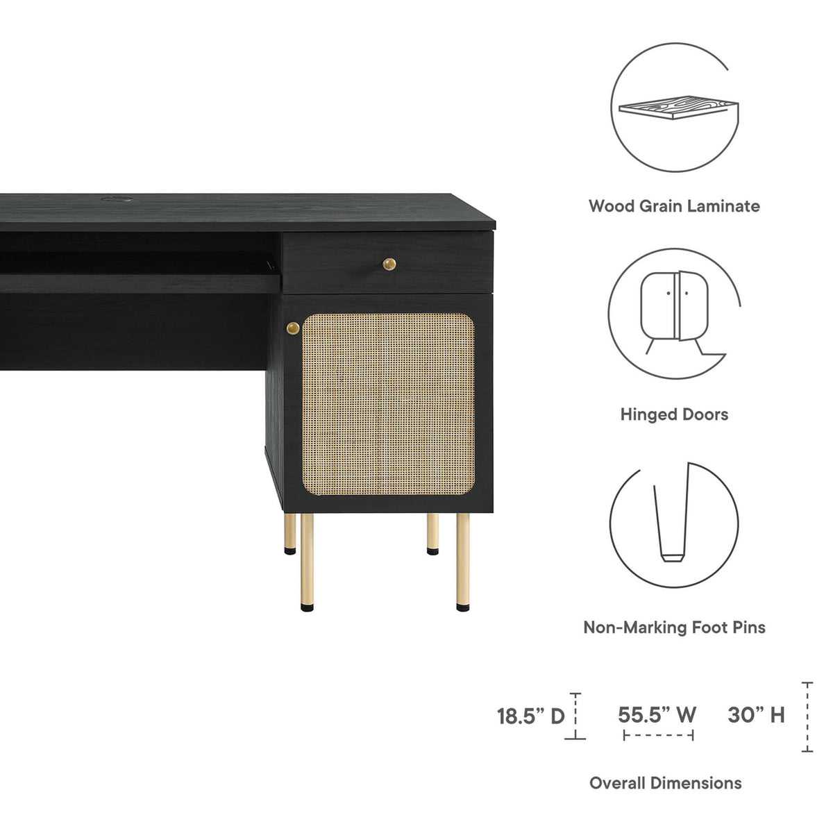 Feature highlights and overall dimensions for the Chaucer office desk || EEI-6199-BLK || dimension_studio
