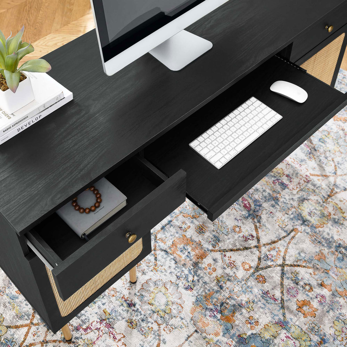Keyboard tray and drawer open for convenient access on the wood-grain desktop || EEI-6199-BLK || storage_open_room