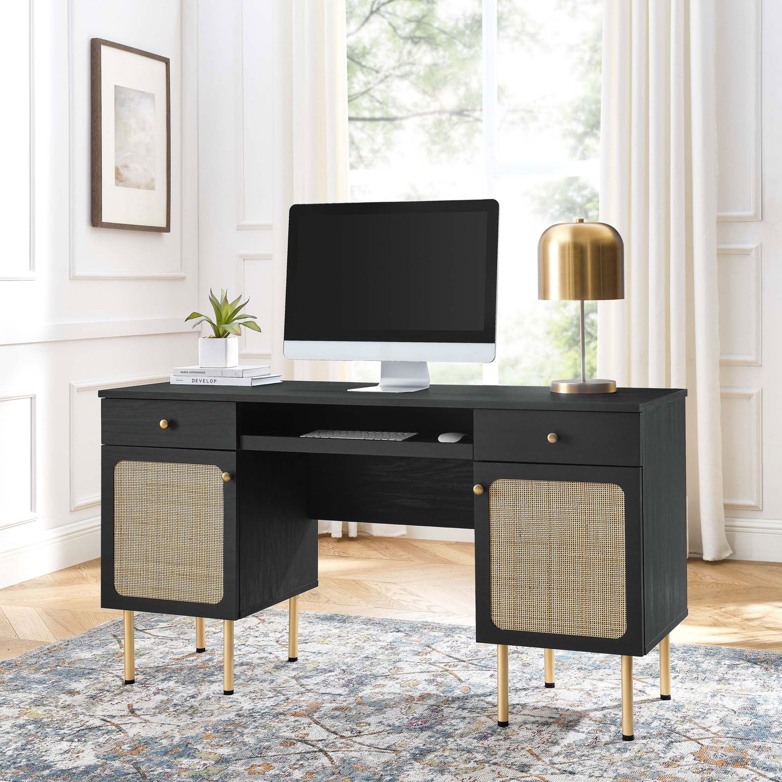 Black desk with rattan doors and gold accents elevates any workspace || EEI-6199-BLK || front_angle_room