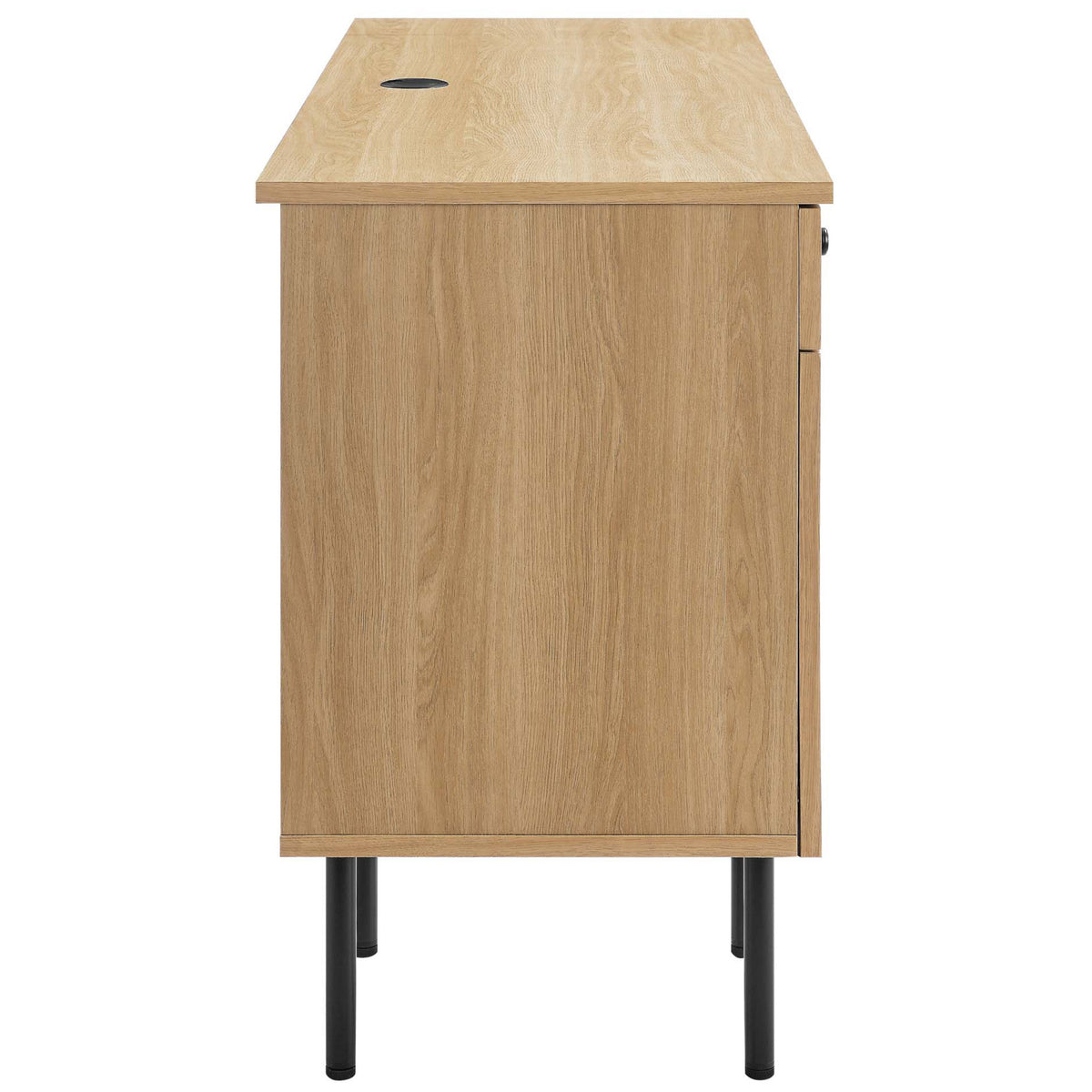 Streamlined oak desk with desktop grommet and slim black legs || EEI-6199-OAK || side_studio