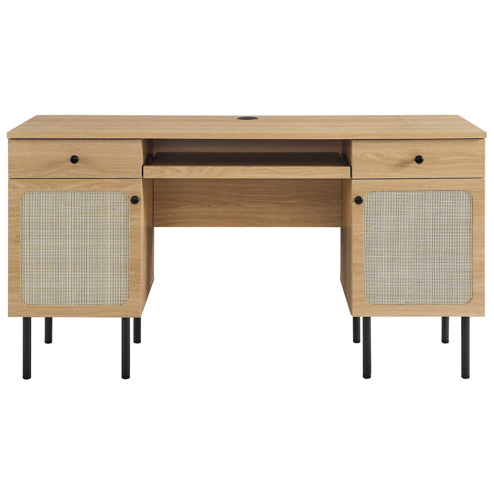 Clean-lined oak desk with rattan doors, two drawers, and a centered keyboard tray || EEI-6199-OAK || front_studio