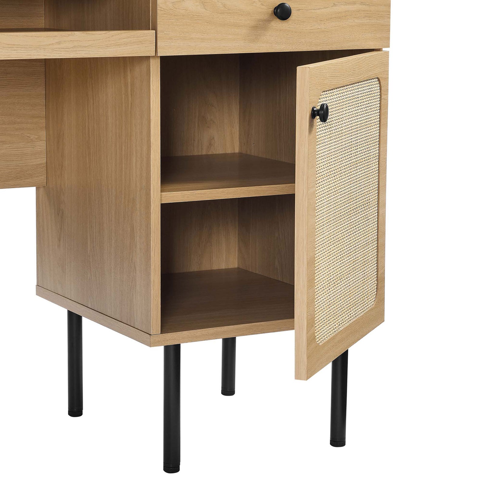 Adjustable shelves behind a hinged rattan door keep office essentials organized || EEI-6199-OAK || storage_open_studio