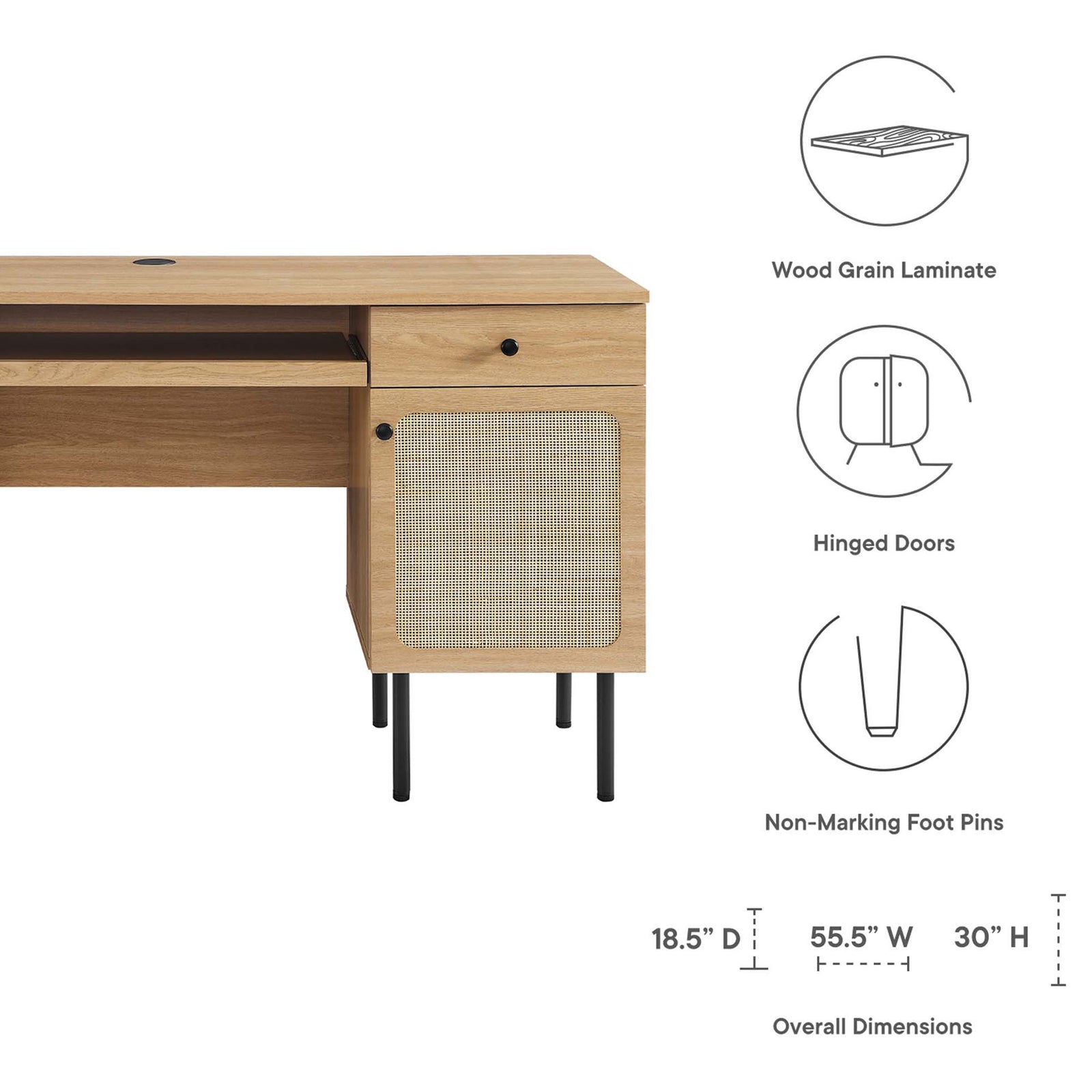 Feature highlights and overall dimensions for the Chaucer oak desk || EEI-6199-OAK || dimension_studio
