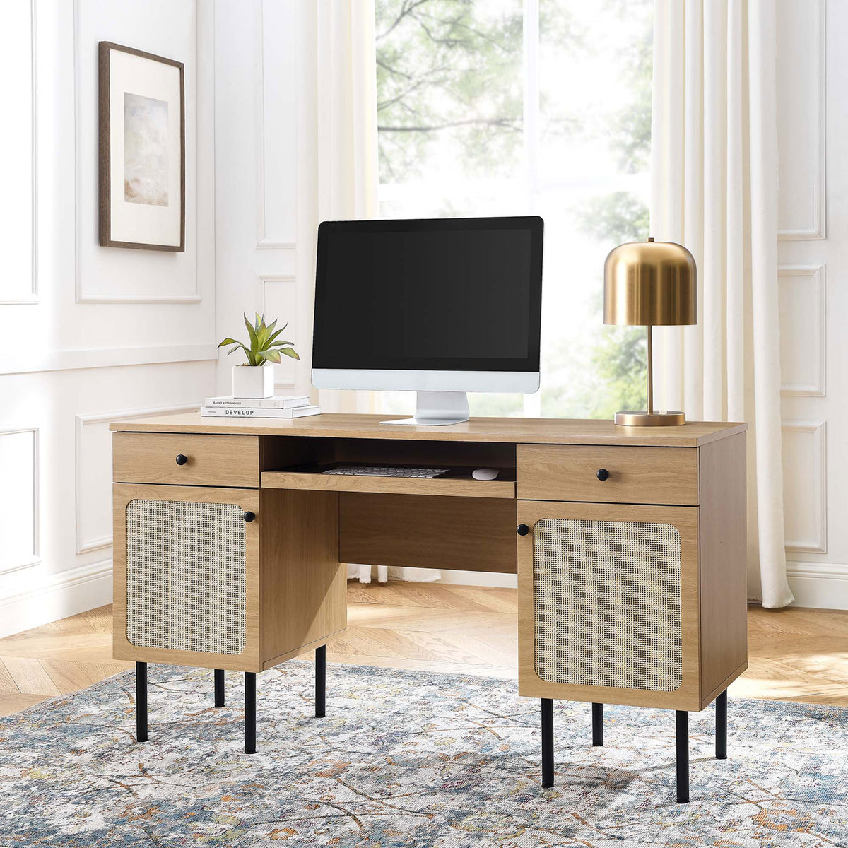 Oak desk brings light, natural style to a home office with airy rattan doors and black legs || EEI-6199-OAK || front_angle_room