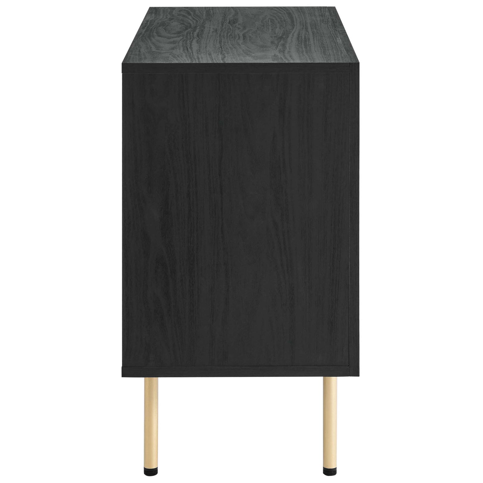 Sleek black cabinet profile showing wood grain texture and elevated leg design || EEI-6200-BLK || side_studio