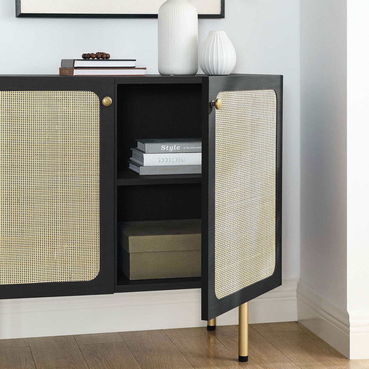 Open black cabinet in a modern room scene showcasing rattan doors and roomy interior shelves || EEI-6200-BLK || storage_open_room