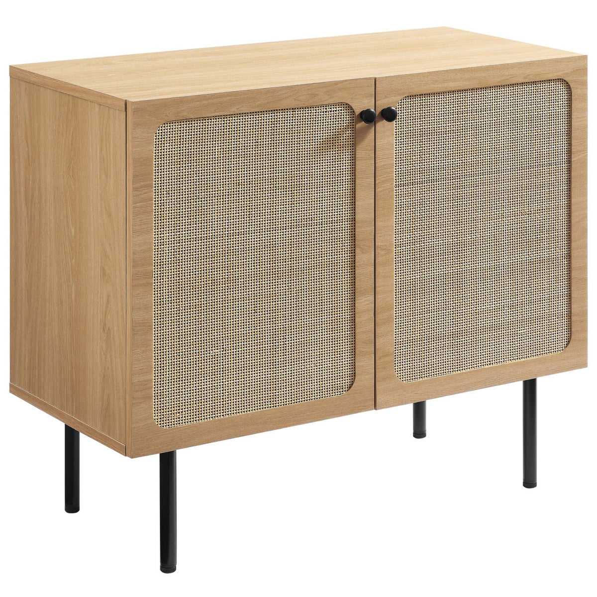 Textured oak cabinet highlighting cane doors and minimalist black legs for a breezy look || EEI-6200-OAK || front_angle_studio