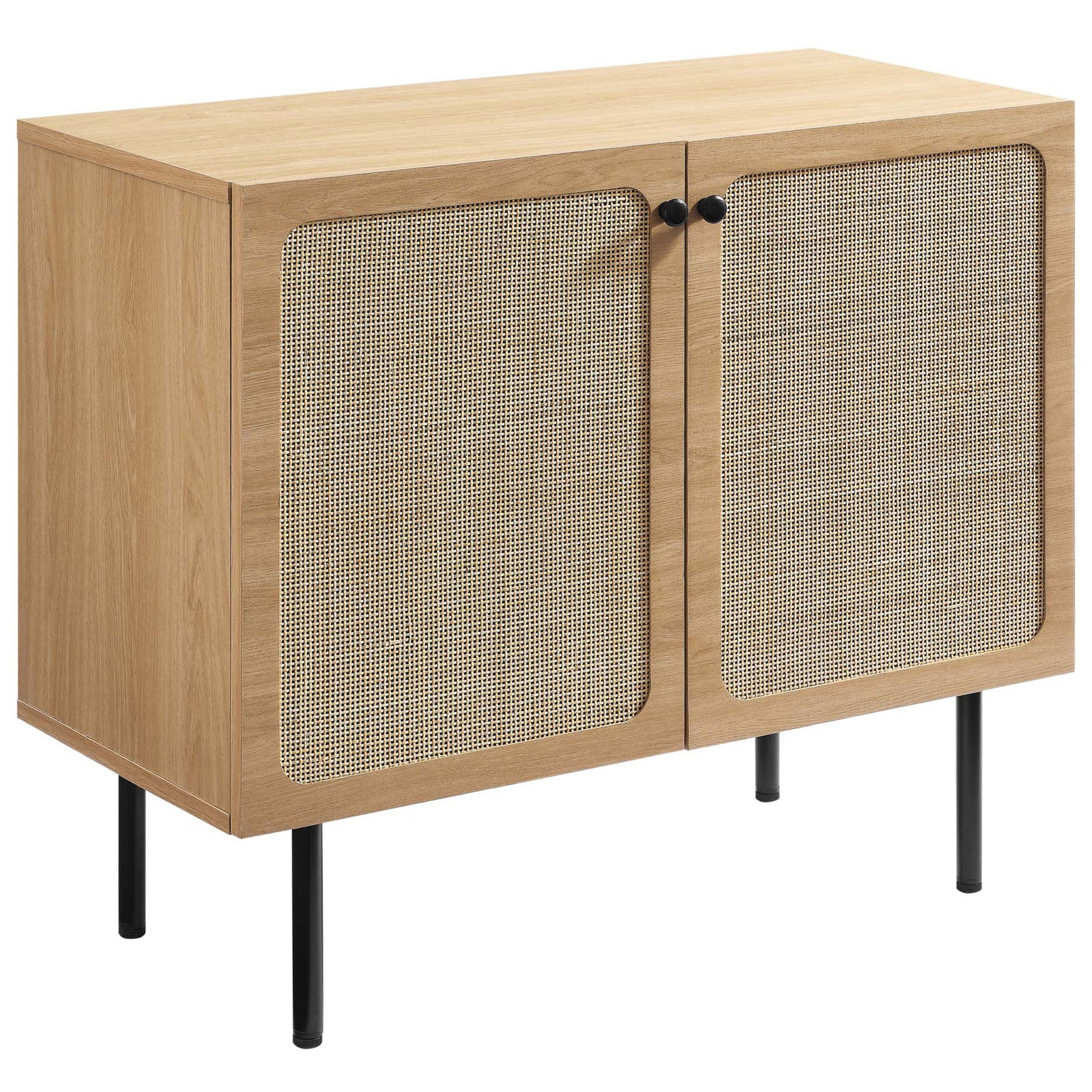 Textured oak cabinet highlighting cane doors and minimalist black legs for a breezy look || EEI-6200-OAK || front_angle_studio