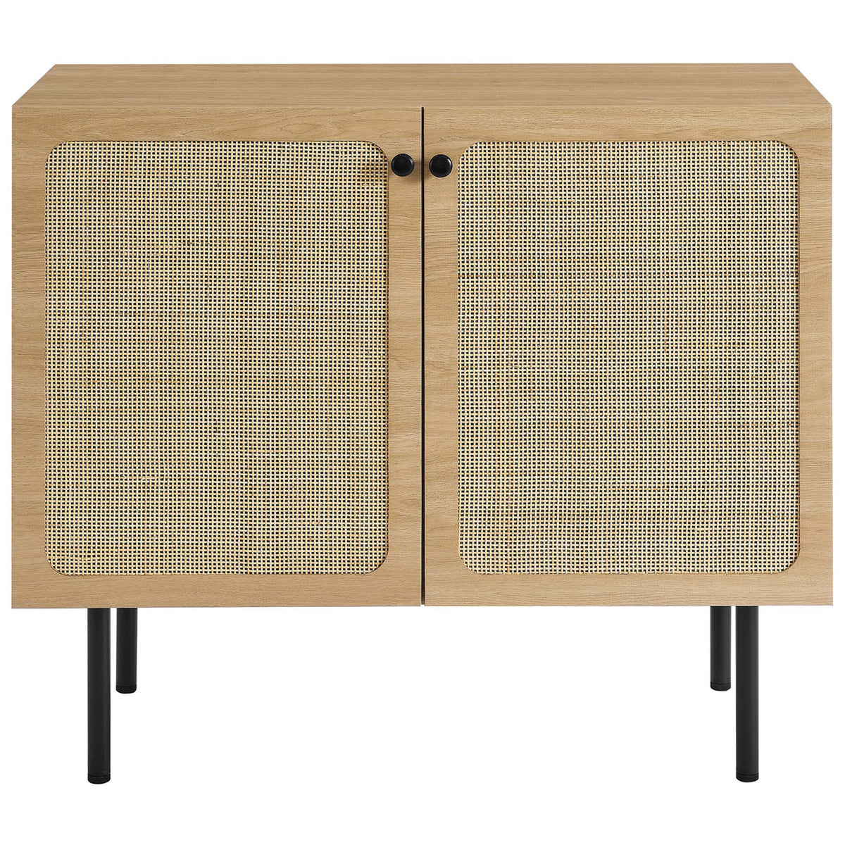 Oak accent cabinet with woven rattan doors and slim black legs for light, natural storage || EEI-6200-OAK || front_studio