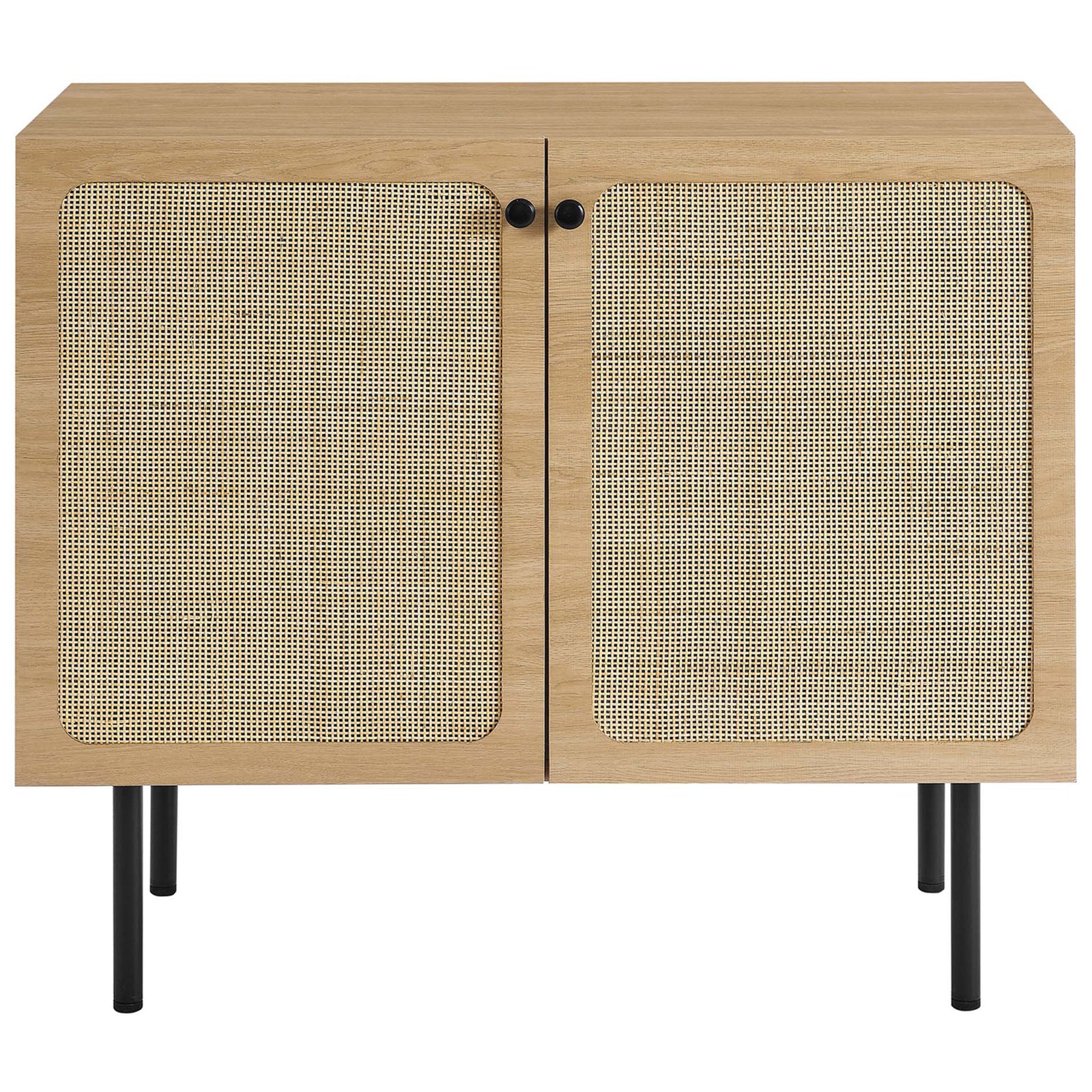 Oak accent cabinet with woven rattan doors and slim black legs for light, natural storage || EEI-6200-OAK || front_studio