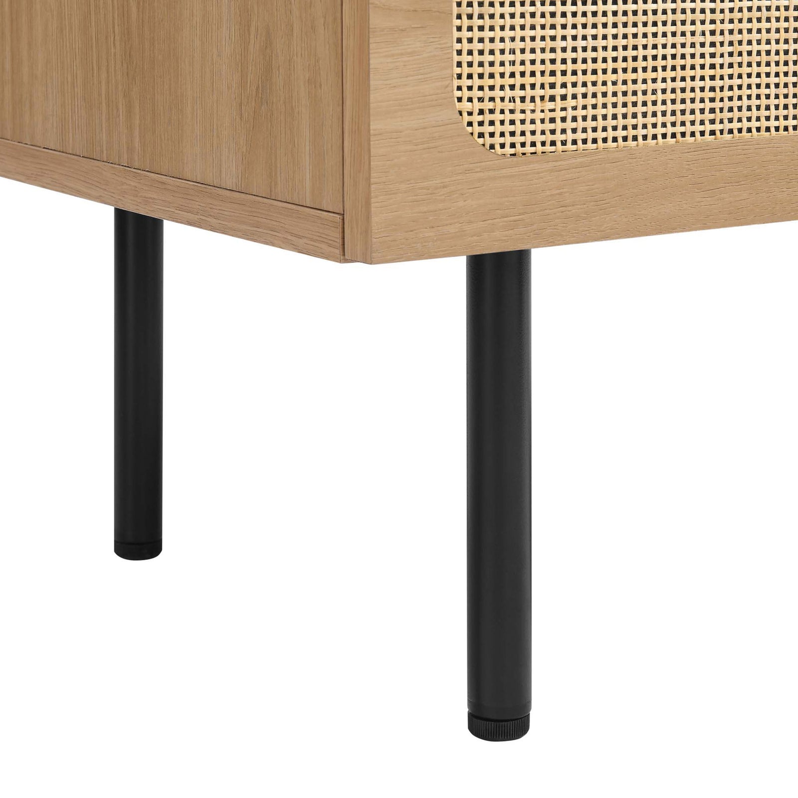 Sturdy black cylinder legs lift the oak cabinet while protecting floors with soft caps || EEI-6200-OAK || leg_studio