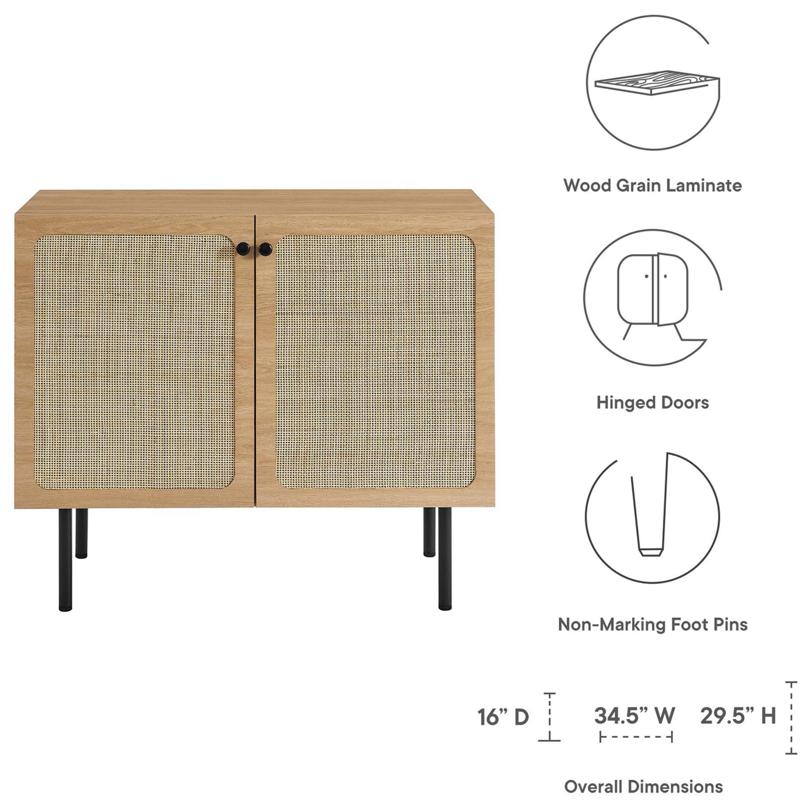 Chaucer oak accent cabinet dimensions with wood grain laminate, hinged doors, and foot pins || EEI-6200-OAK || dimension_studio