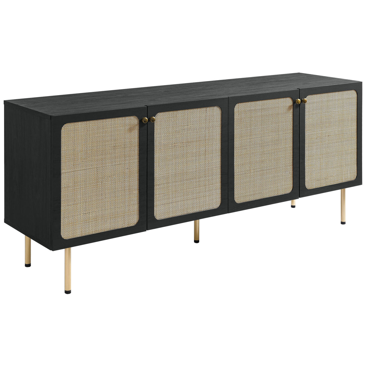 Black sideboard with four woven rattan doors and slim gold-tone legs for modern organic storage || EEI-6201-BLK || front_angle_studio