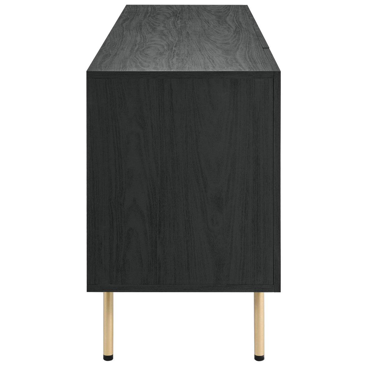 Slim black sideboard profile with wood grain finish and elevated gold-tone metal legs || EEI-6201-BLK || side_studio