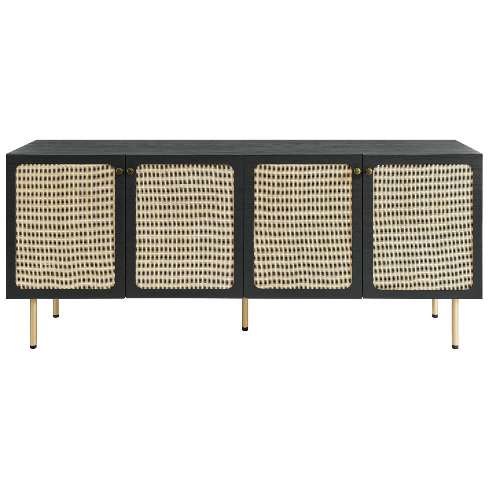Chaucer black sideboard with four cane-style doors and round brass knobs for concealed storage || EEI-6201-BLK || front_studio