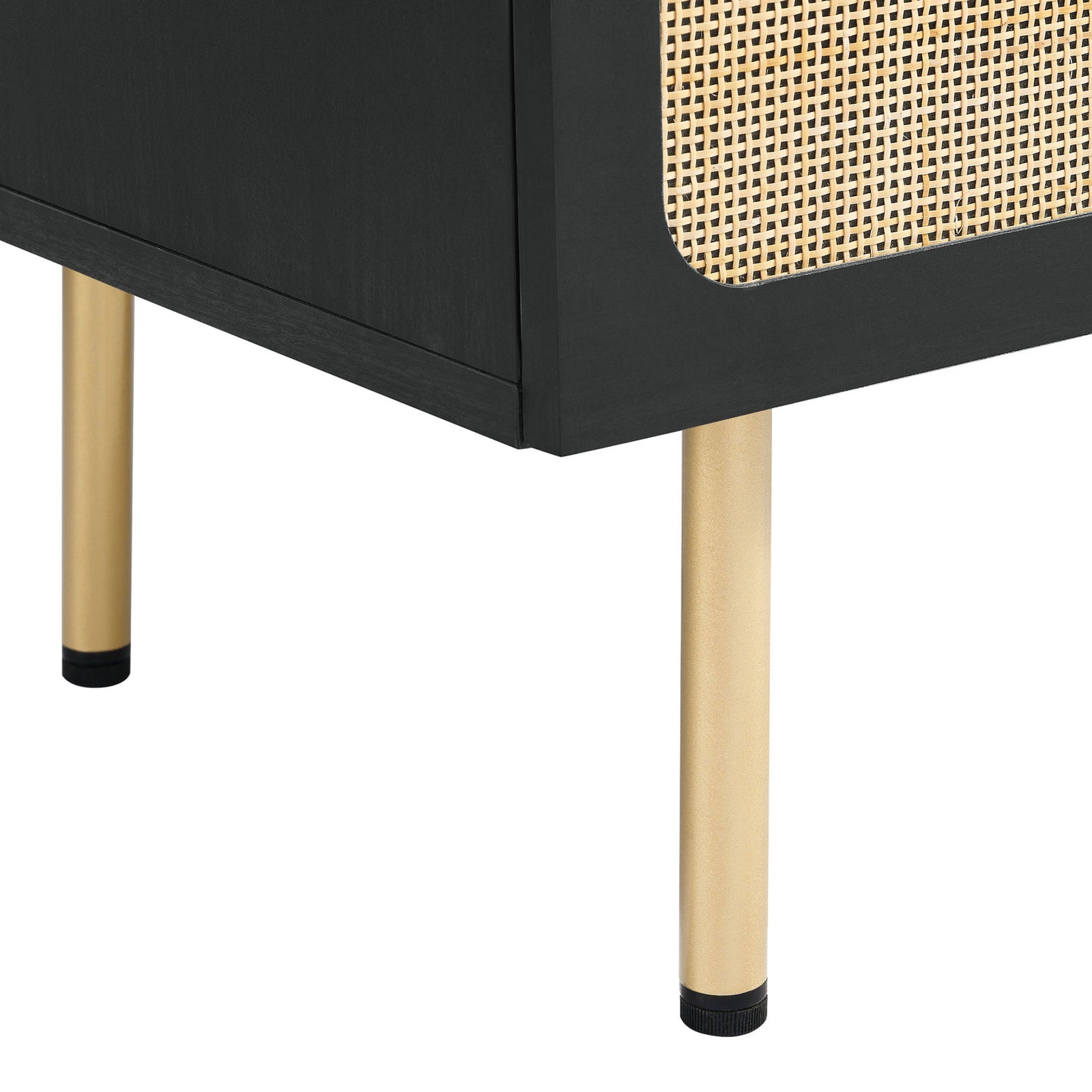 Detail of slim gold-tone metal legs and black wood grain base on the Chaucer sideboard || EEI-6201-BLK || leg_studio