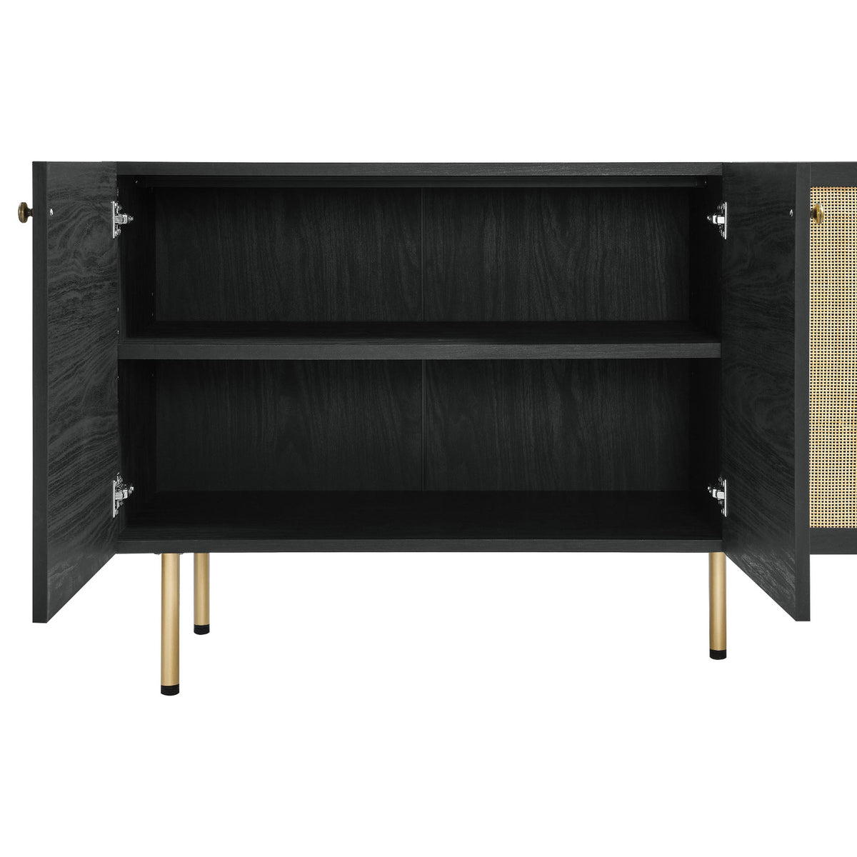 Interior shelving of the black sideboard with adjustable shelf space behind open woven doors || EEI-6201-BLK || storage_open_studio