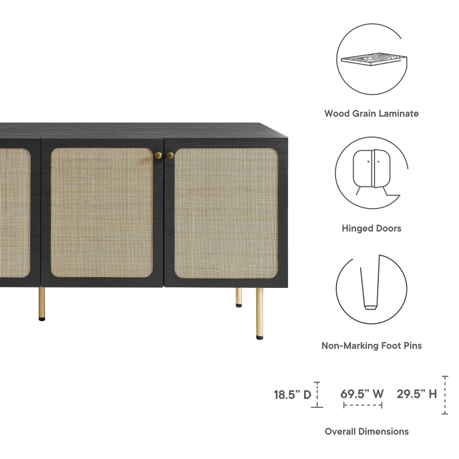 Dimensions and feature callouts for the black Chaucer sideboard with woven rattan doors and gold legs || EEI-6201-BLK || dimension_studio
