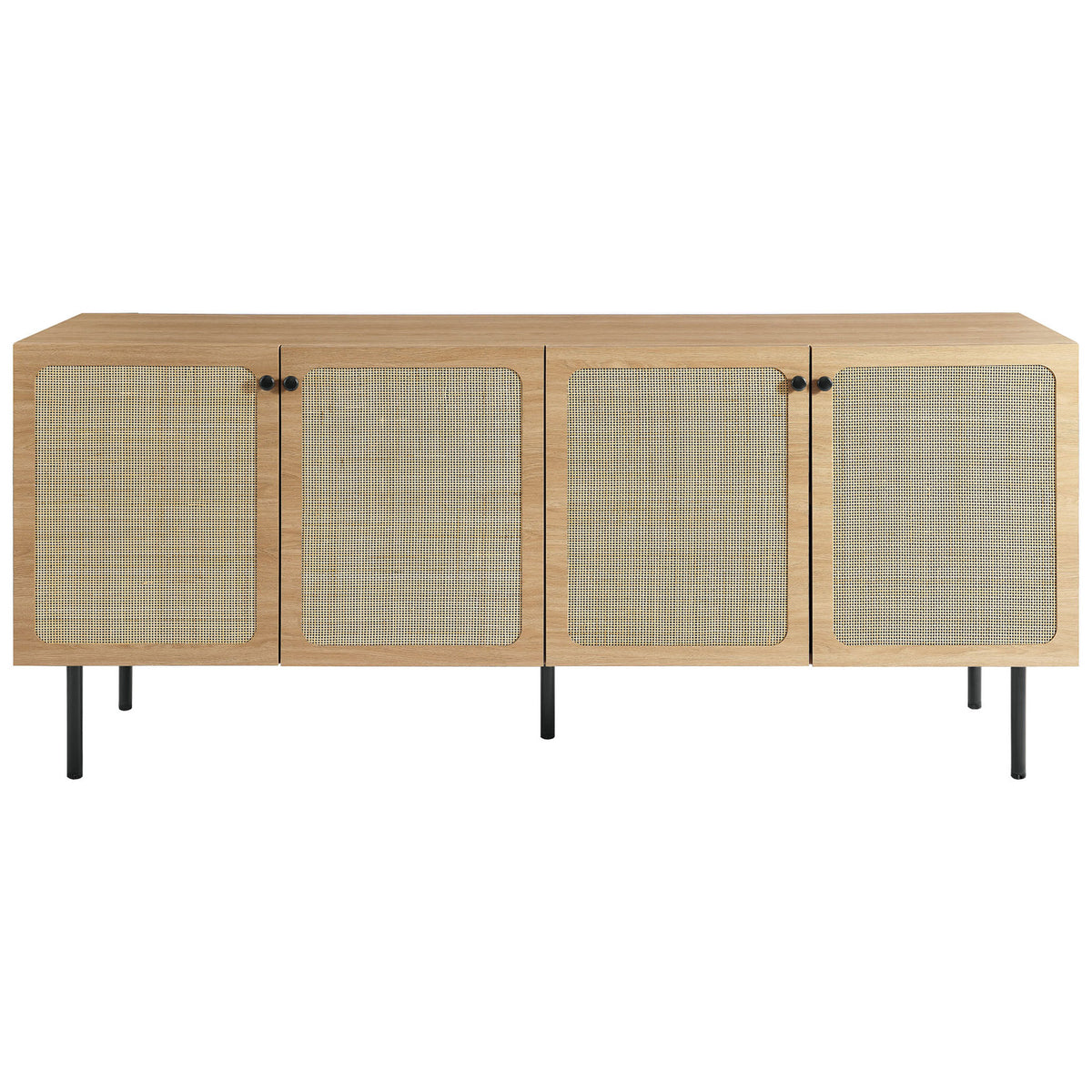 Chaucer oak sideboard with four woven rattan doors and slim black metal legs || EEI-6201-OAK || front_studio
