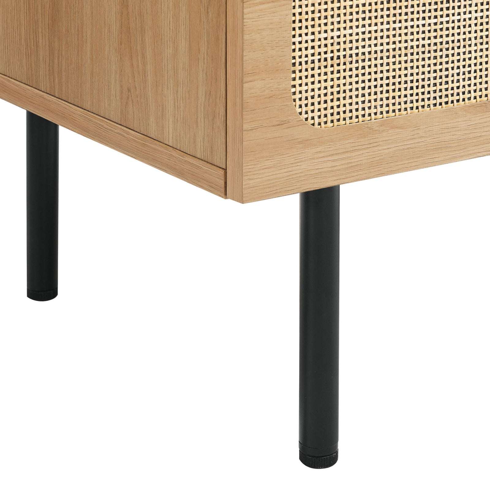 Slim black metal legs and raised base create an airy, modern sideboard look || EEI-6201-OAK || leg_studio