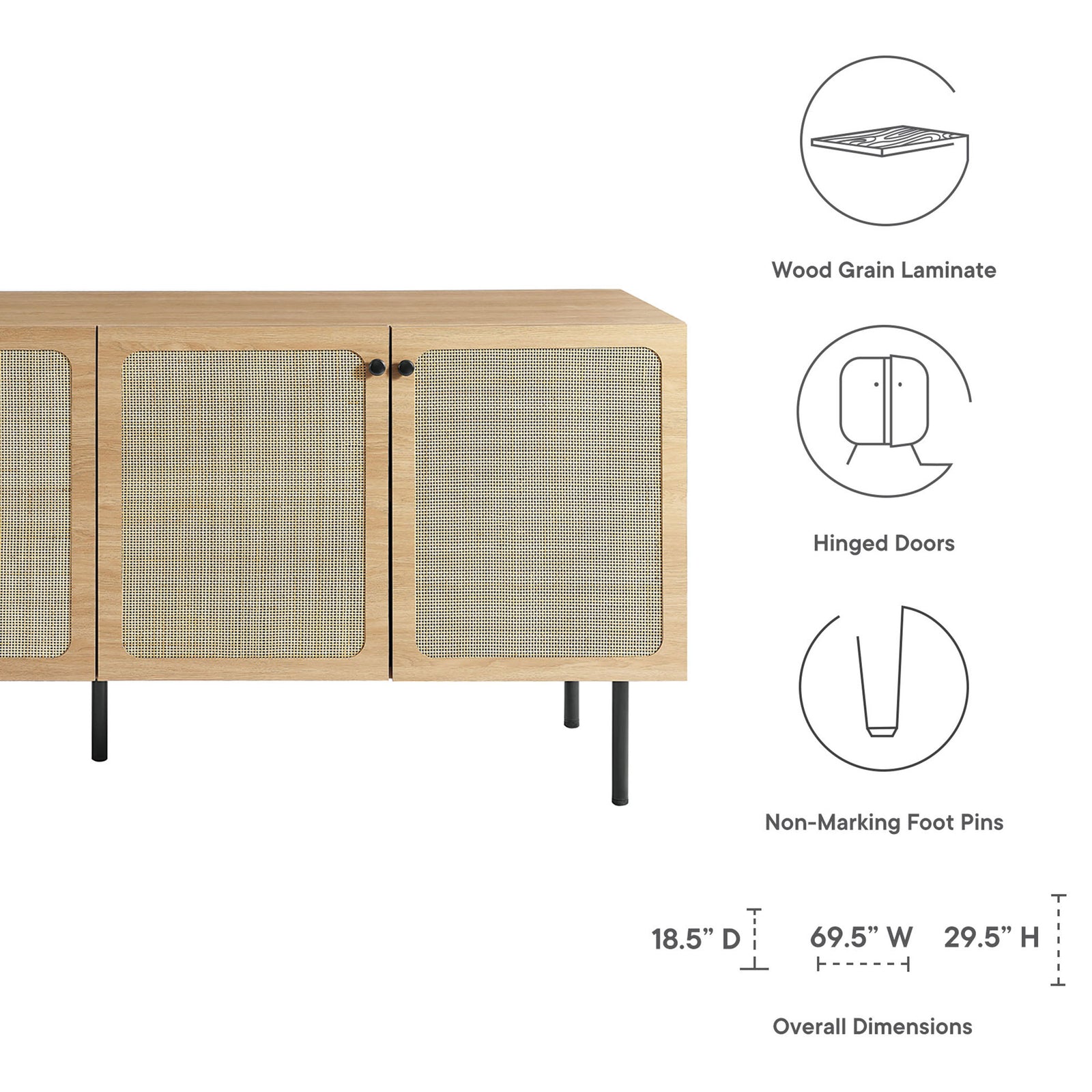 Sideboard features wood grain laminate, hinged doors, and non-marking foot pins with dimensions || EEI-6201-OAK || callout_studio