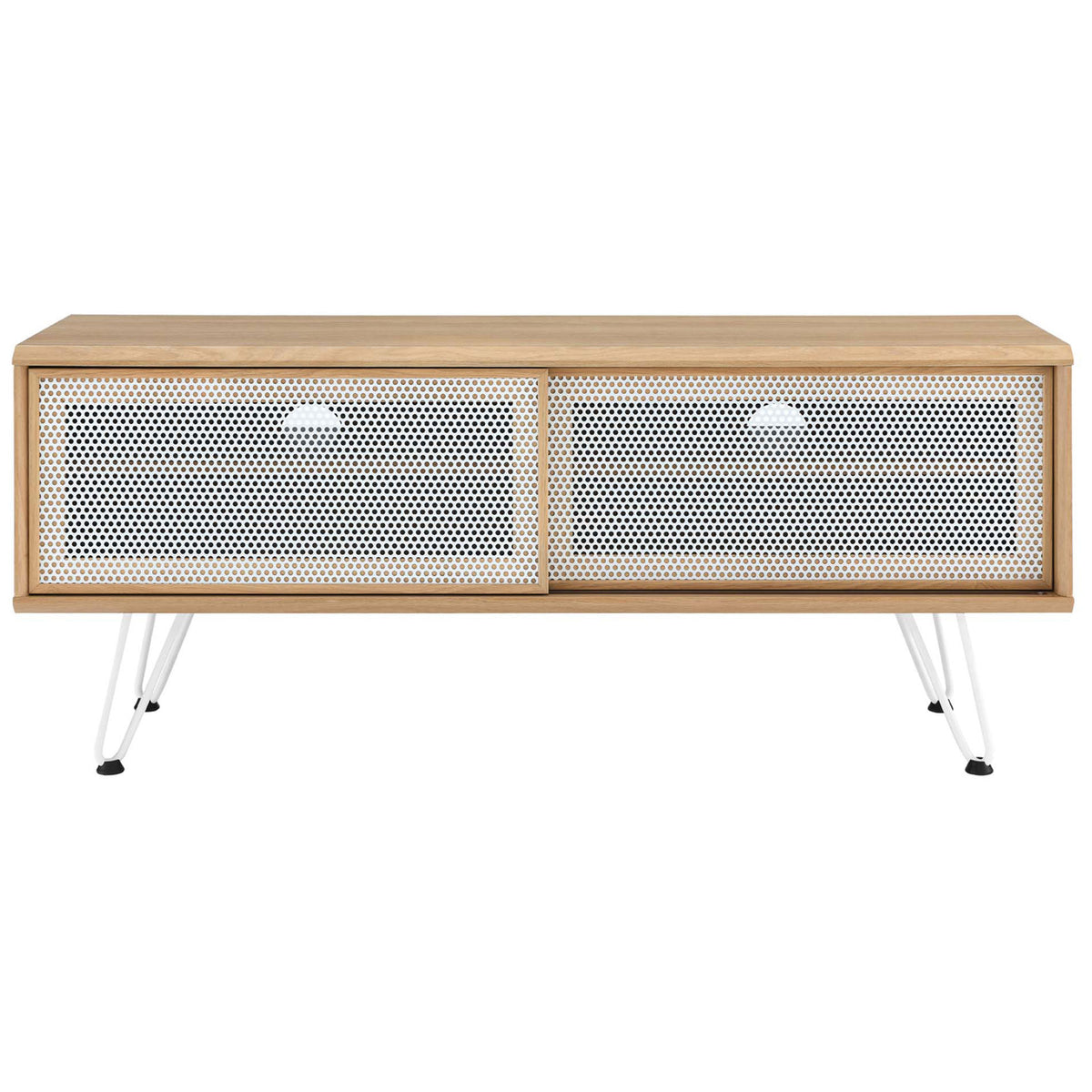 Oak 47 inch TV stand with two white mesh sliding doors for concealed storage and a clean modern look || EEI-6202-OAK || front_studio