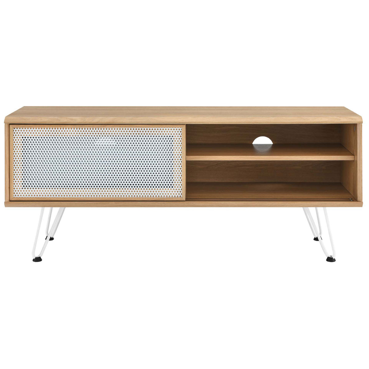 Oak TV stand with right side storage open behind the sliding mesh door for easy access to media components || EEI-6202-OAK || front_open_studio