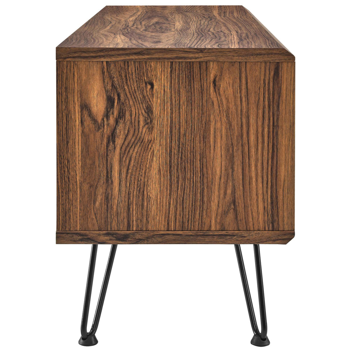 Slim walnut TV stand profile showcasing rich wood grain and angled black hairpin legs || EEI-6202-WAL || side_studio