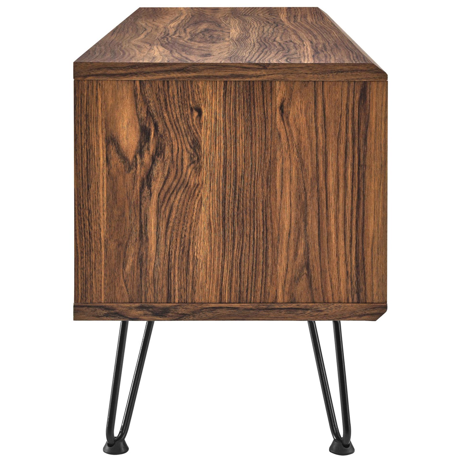 Slim walnut TV stand profile showcasing rich wood grain and angled black hairpin legs || EEI-6202-WAL || side_studio