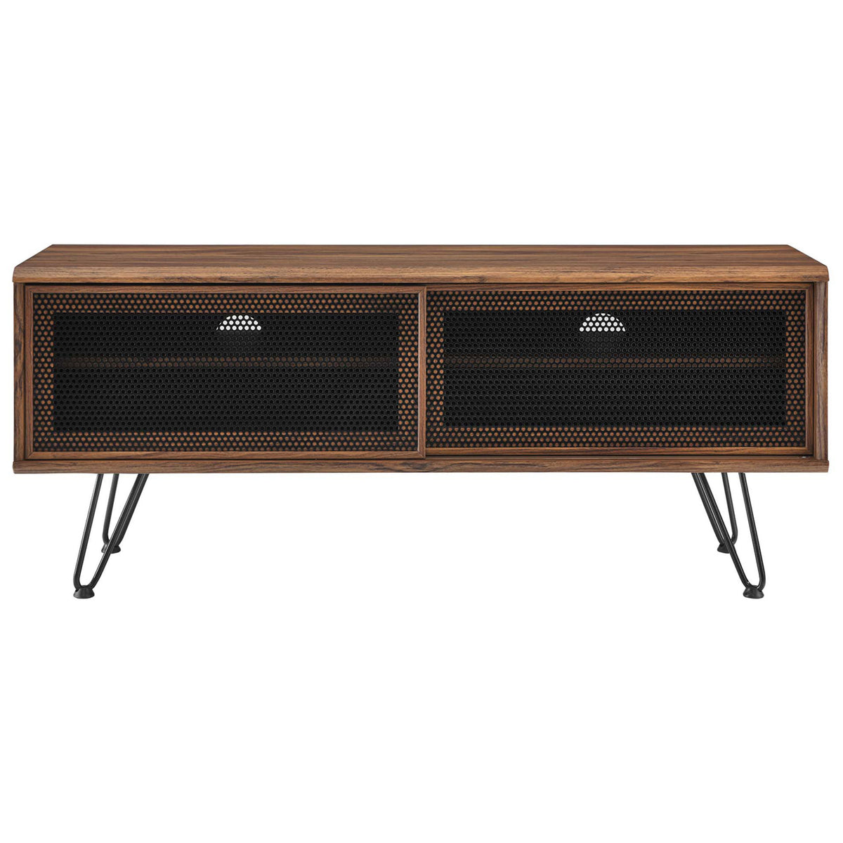 Walnut 47 inch TV stand with two black mesh sliding doors for concealed storage and a streamlined look || EEI-6202-WAL || front_studio