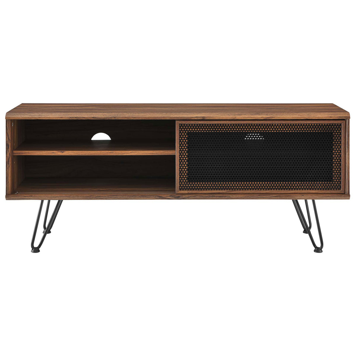 Walnut TV stand with left storage section open behind the sliding mesh door and a rear cable pass through || EEI-6202-WAL || front_open_studio