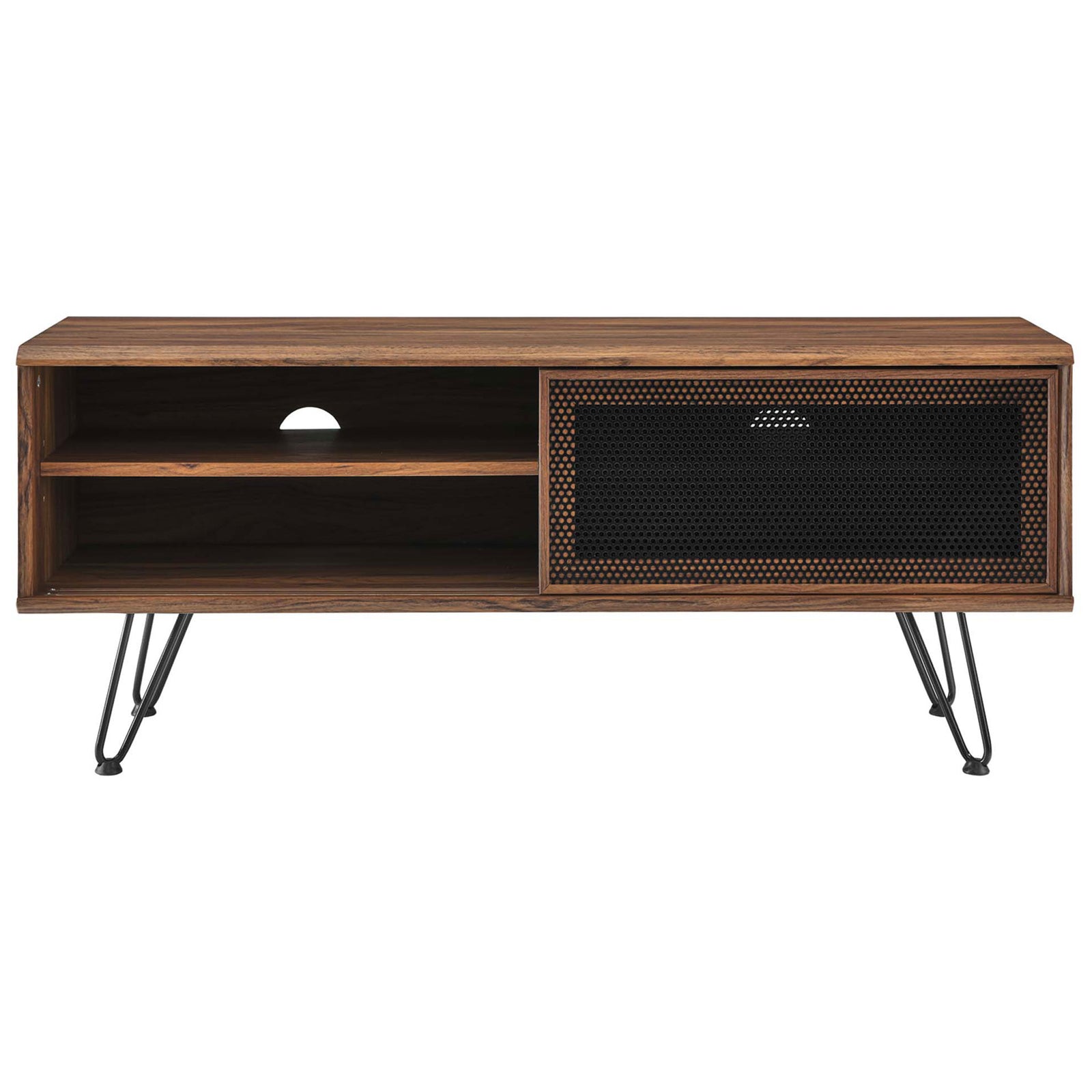 Walnut TV stand with left storage section open behind the sliding mesh door and a rear cable pass through || EEI-6202-WAL || front_open_studio