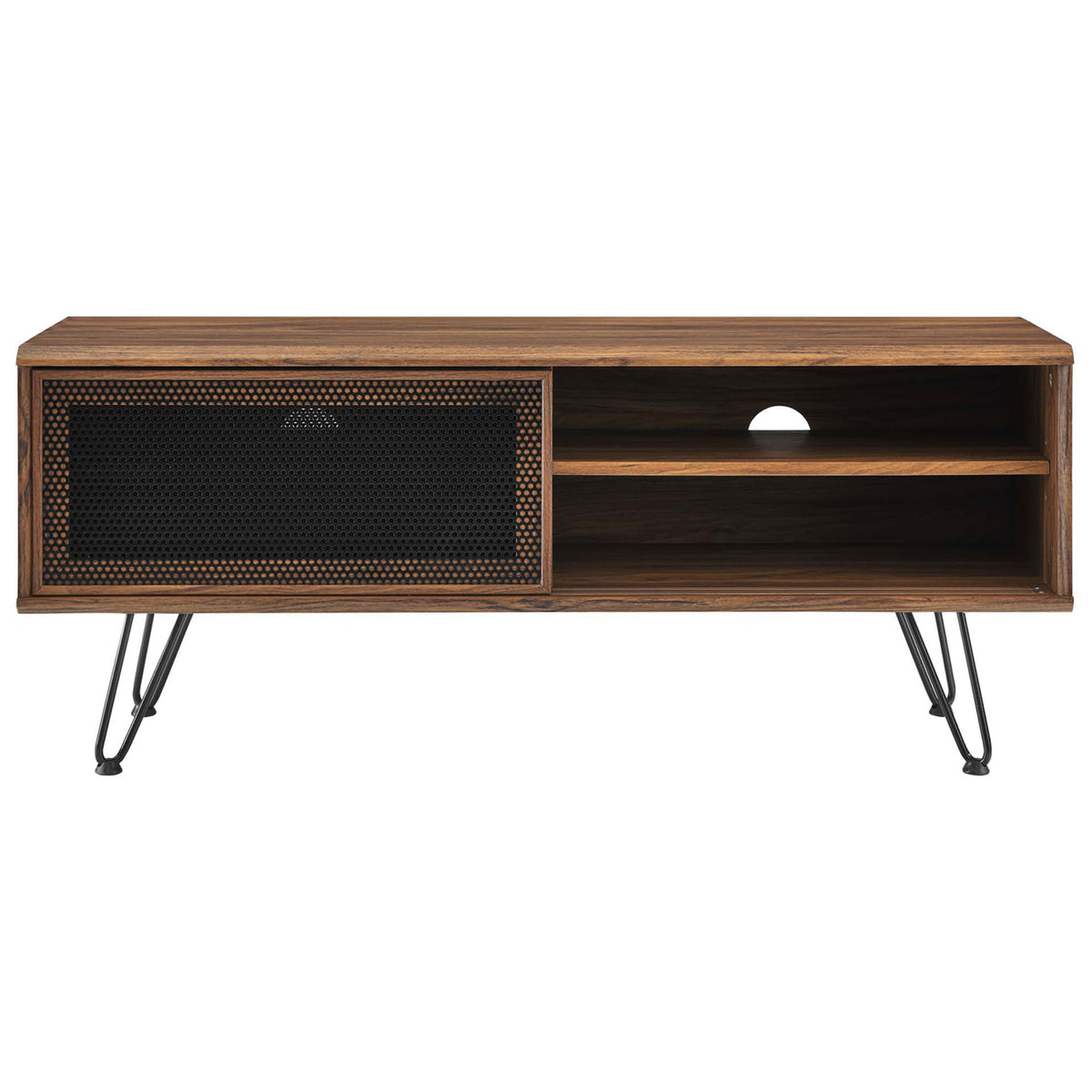 Walnut TV stand with right side shelving exposed, ideal for organizing media players and accessories || EEI-6202-WAL || front_open_studio