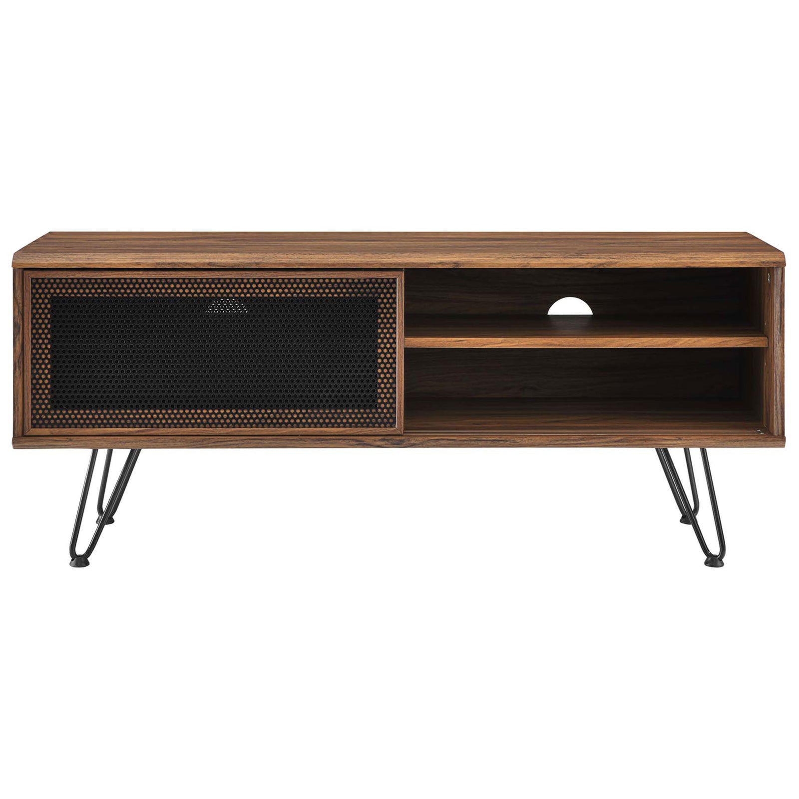 Walnut TV stand with right side shelving exposed, ideal for organizing media players and accessories || EEI-6202-WAL || front_open_studio