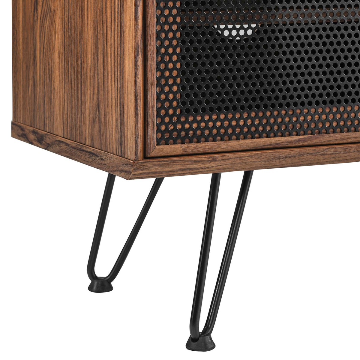 Walnut TV stand corner featuring perforated black mesh door detail and slim black hairpin leg with floor pad || EEI-6202-WAL || leg_studio