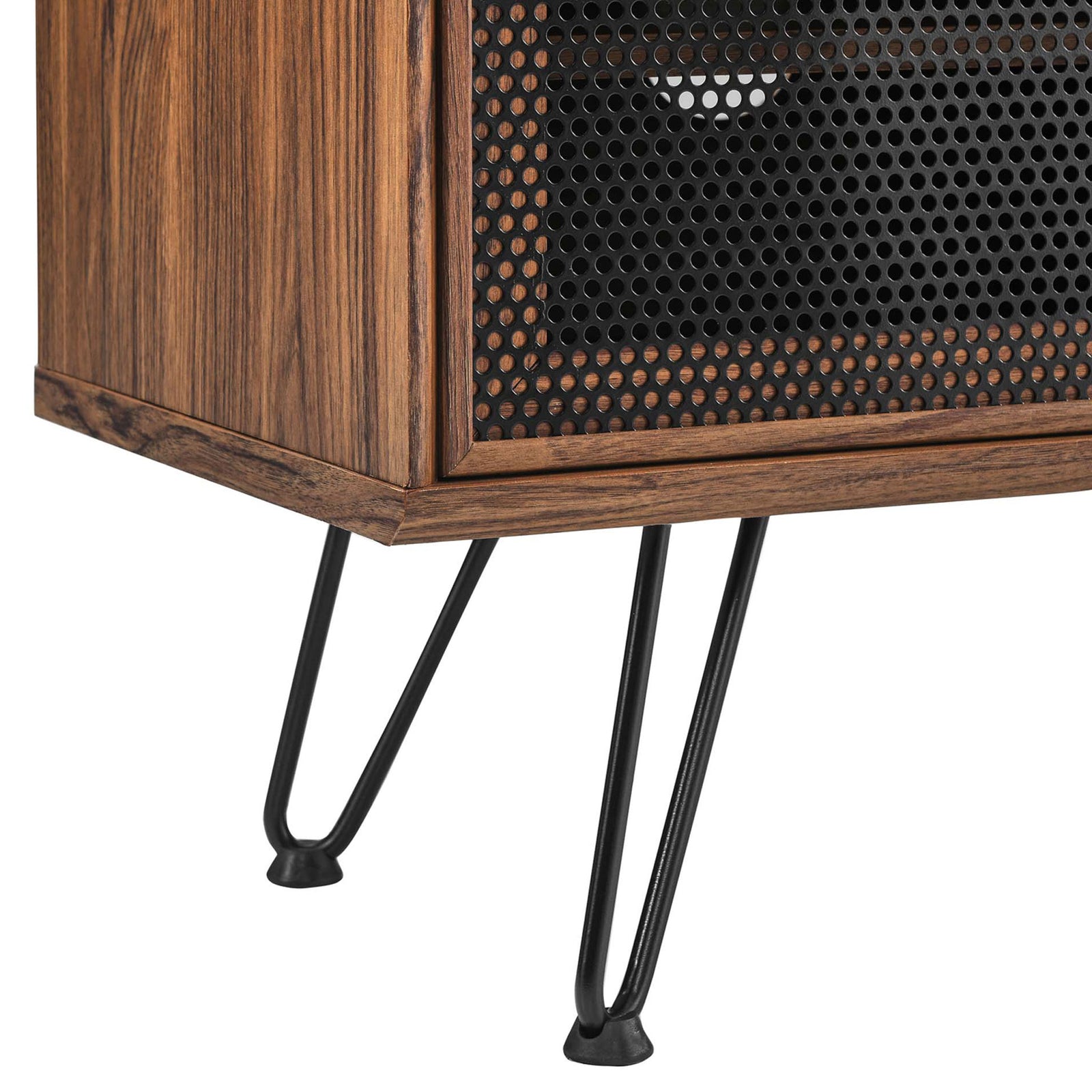 Walnut TV stand corner featuring perforated black mesh door detail and slim black hairpin leg with floor pad || EEI-6202-WAL || leg_studio