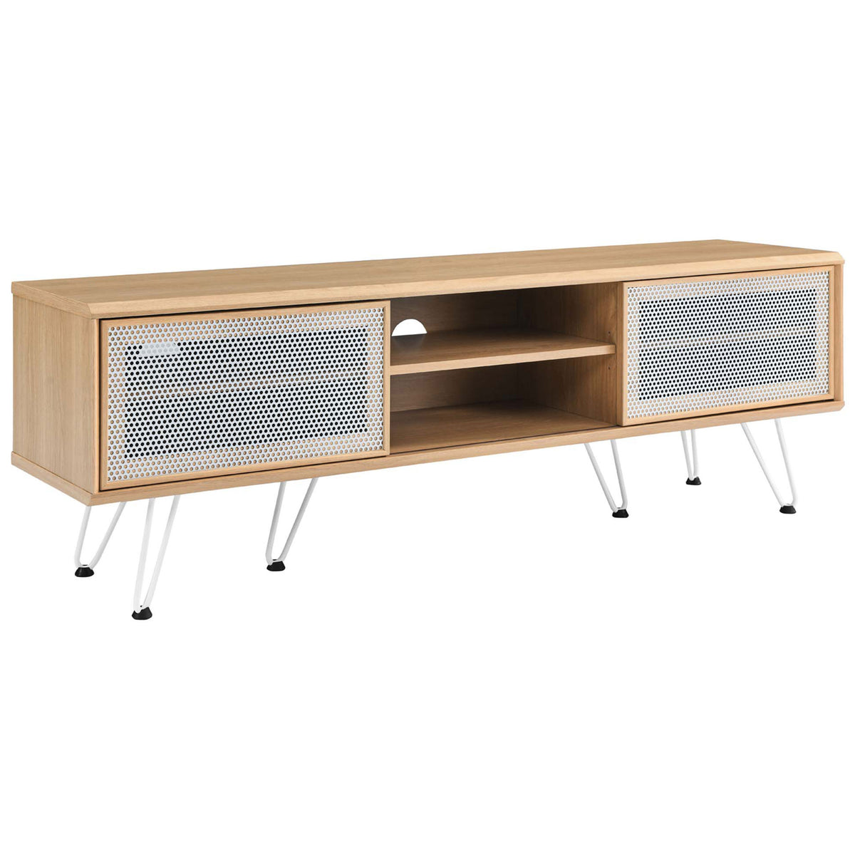 Oak 59 inch TV console with sliding white mesh doors, open center shelves, and angled metal hairpin legs || EEI-6203-OAK || front_angle_studio