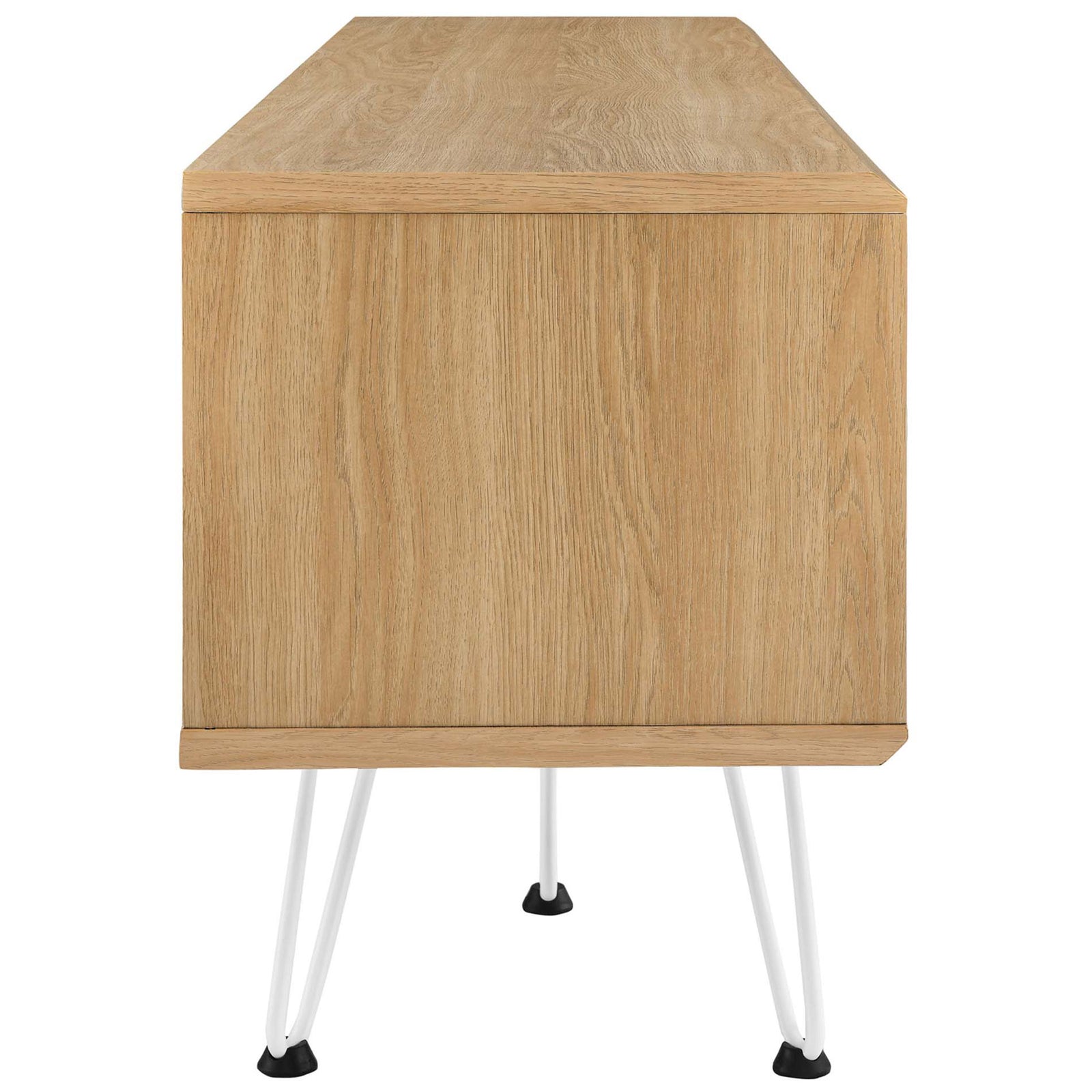 Slim oak TV stand profile highlighting the wood grain finish and splayed white hairpin legs with black pads || EEI-6203-OAK || side_studio