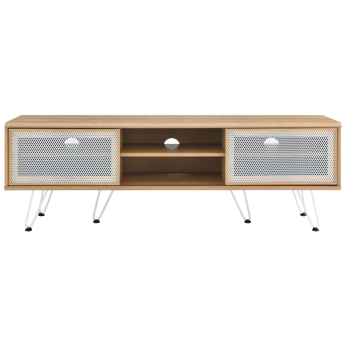 Oak 59 inch TV stand with dual white mesh sliding doors, open center storage, and minimalist white hairpin legs || EEI-6203-OAK || front_studio