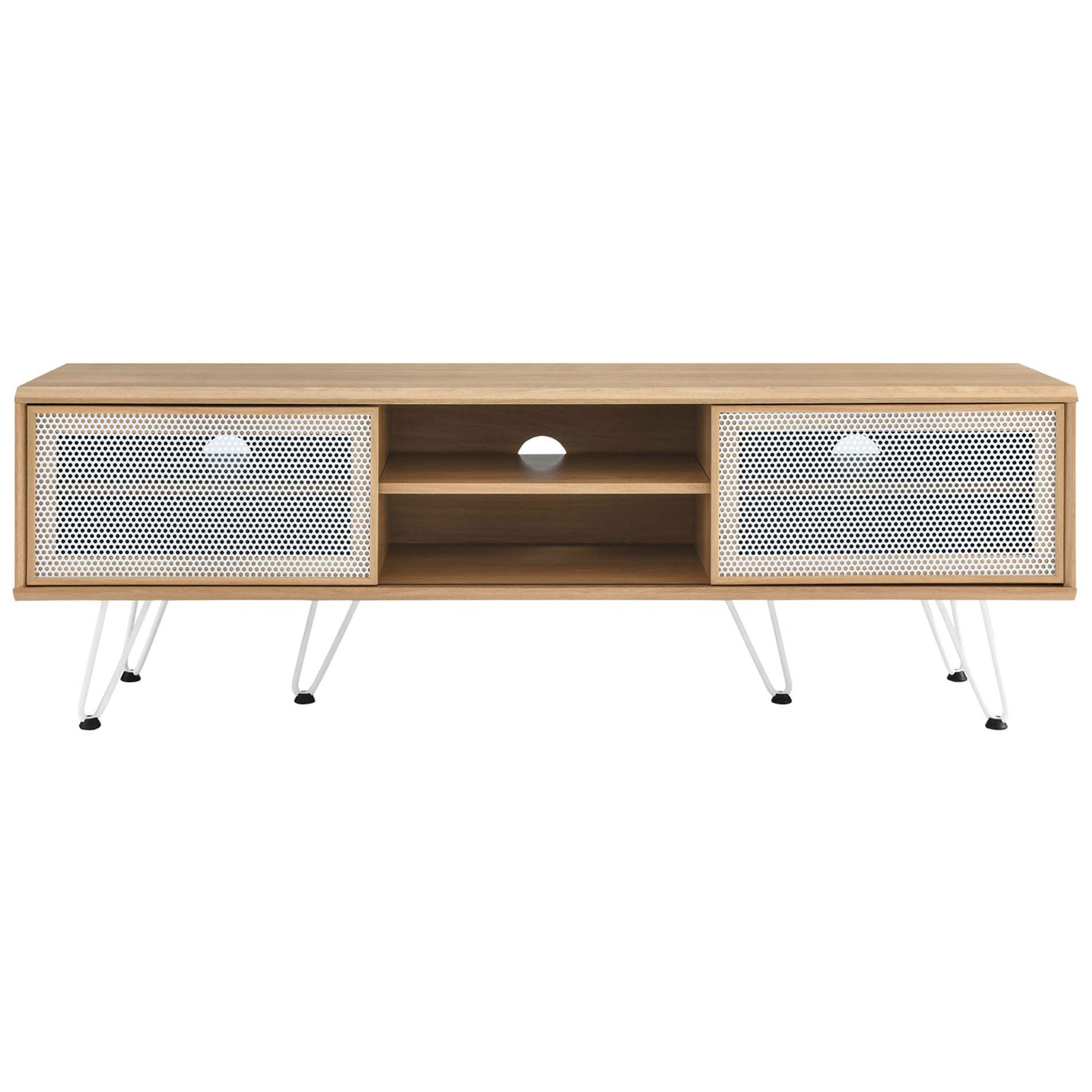 Oak 59 inch TV stand with dual white mesh sliding doors, open center storage, and minimalist white hairpin legs || EEI-6203-OAK || front_studio