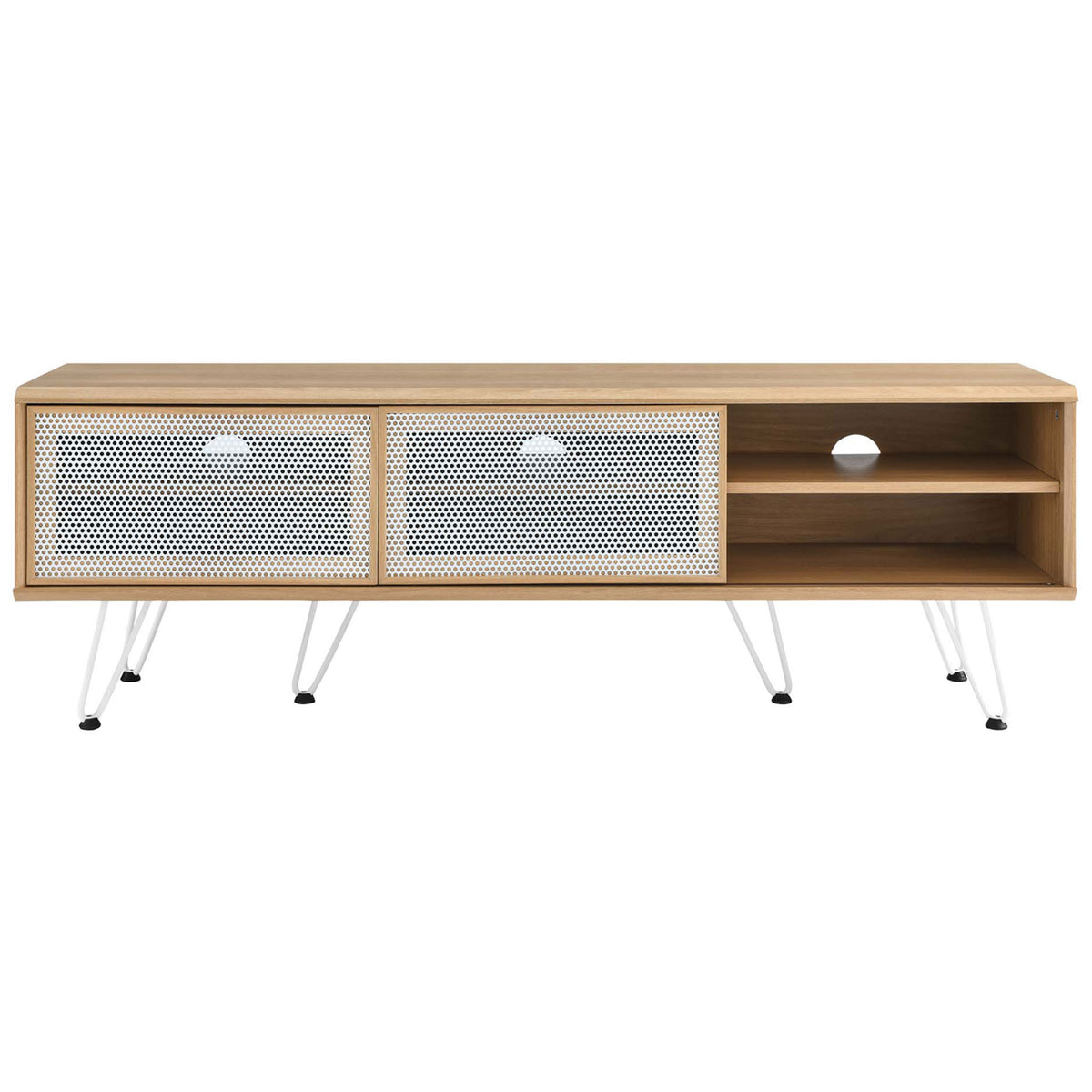 Oak TV stand with right sliding mesh door open, showing spacious media storage and ventilation openings || EEI-6203-OAK || front_open_studio