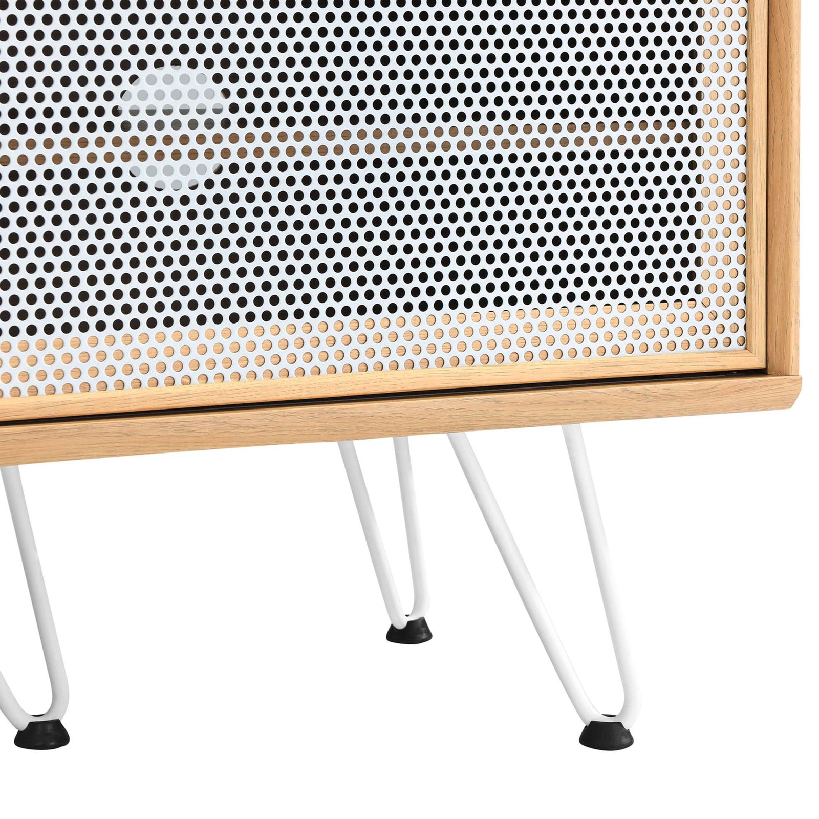 Oak TV stand corner with perforated white mesh door, slim white hairpin leg, and black non marking foot || EEI-6203-OAK || leg_studio