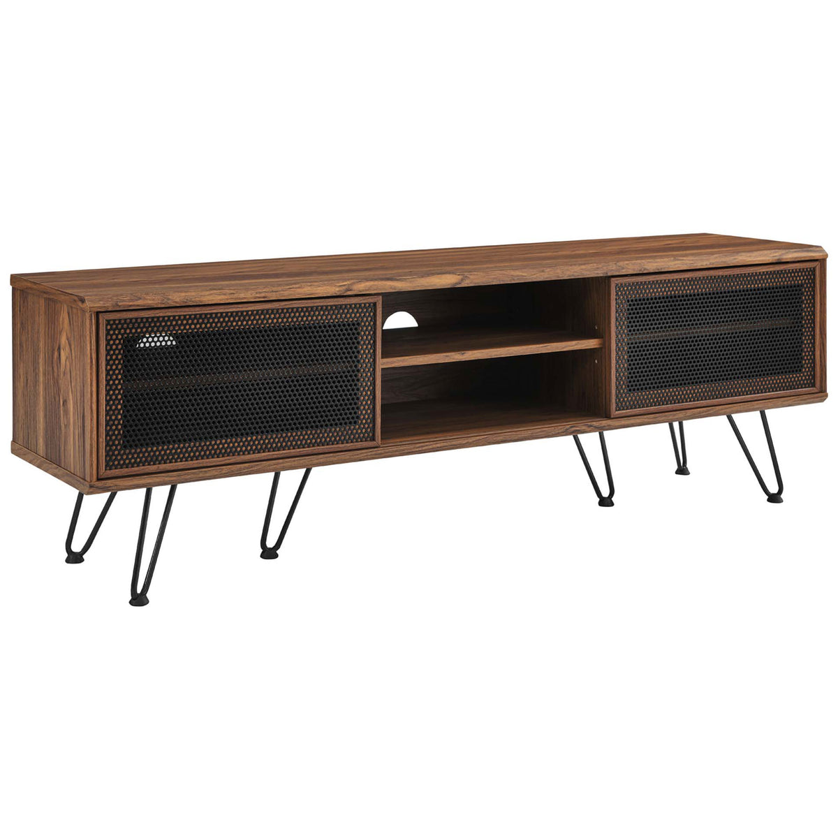 Walnut 59 inch TV console with sliding black mesh doors, open center shelves, and black metal hairpin legs || EEI-6203-WAL || front_angle_studio